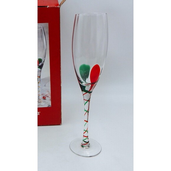 Pier 1 Imports Tear Drop Swirl Champagne Glasses Flutes Red Green - Picture 1 of 5